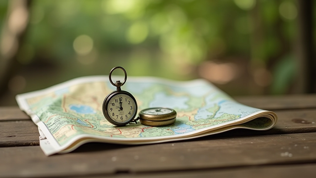 Reloj de arena y cronómetro sobre una mesa de madera junto a lentes y un mapa de senderos