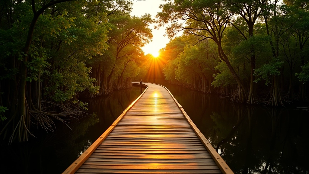 Pasarela de madera entre mangles con reflejo en el agua durante atardecer dorado
